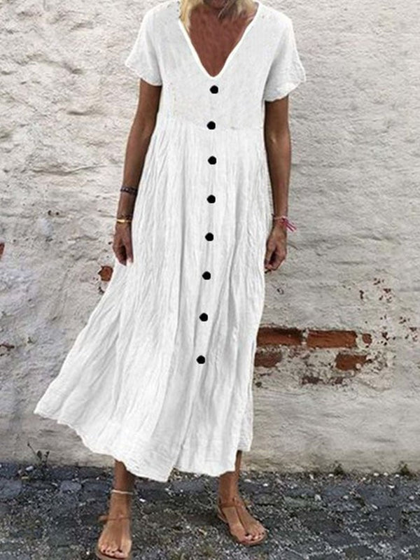 Cotton Linen V-Neck Button Short Sleeve Dress