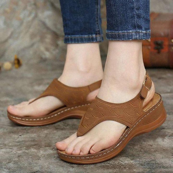 Sandalias de cuña cómodas ortopédicas con bordado, sandalias de cuero para caminar 