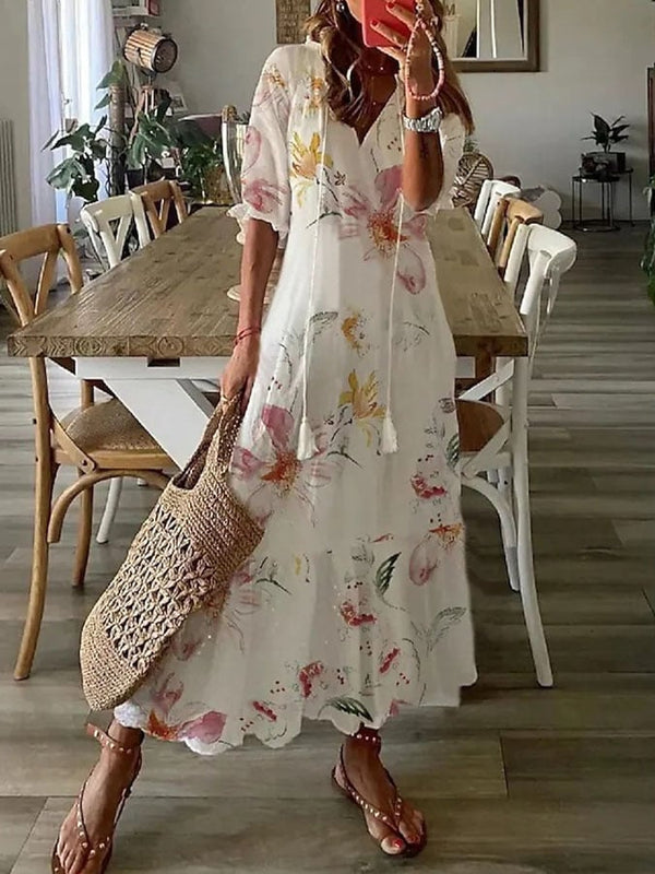 Women'S Long Sleeve Ruffle Print Long Dress