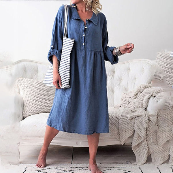 Pure Color Casual Cotton And Linen Shirt Dress