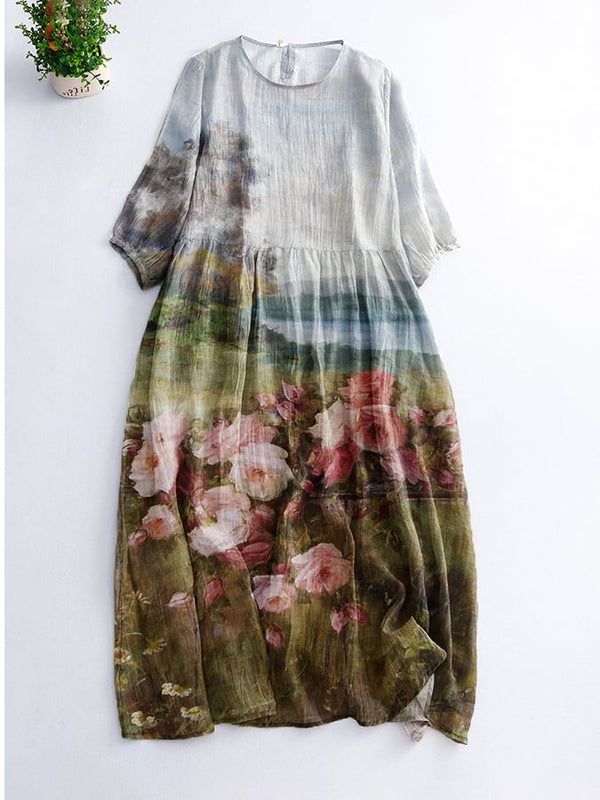 Fashionable Elegant Oil Painting Rose Floral Print Dress