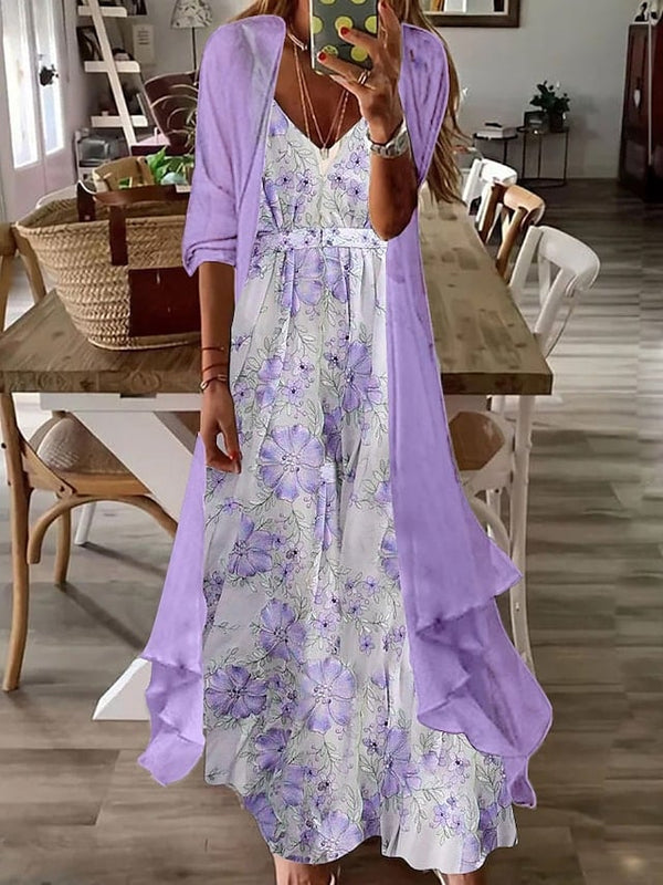 Conjunto de cárdigan con vestido camisola floral y planta navideña para mujer 