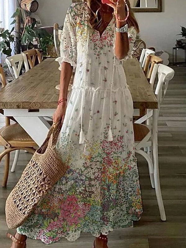 Vestido largo con estampado de volantes y manga larga para mujer 