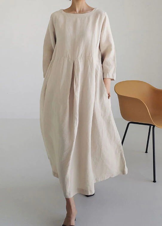 Women's Loose Round Neck Knee Length Cotton Linen Dress