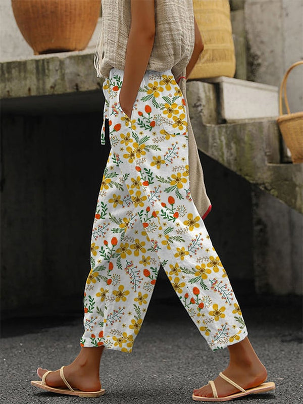 Pantalones anchos con estampado floral vintage para mujer 