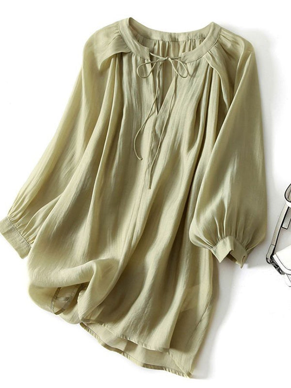 Vintage Design V-neck Lace Up Tencel Shirt