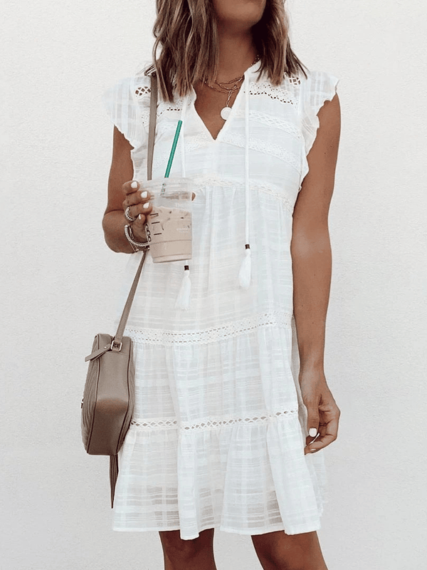 Vestido sin mangas con cuello en V y costuras de encaje con borlas y volantes para mujer 