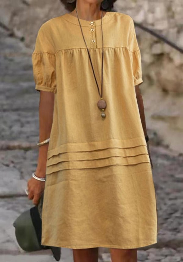 Medium Sleeved Round Neck Loose Cotton Linen A-line Dress