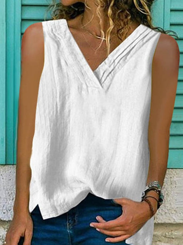 Women's V-Neck Hem Split Sleeveless Shirt