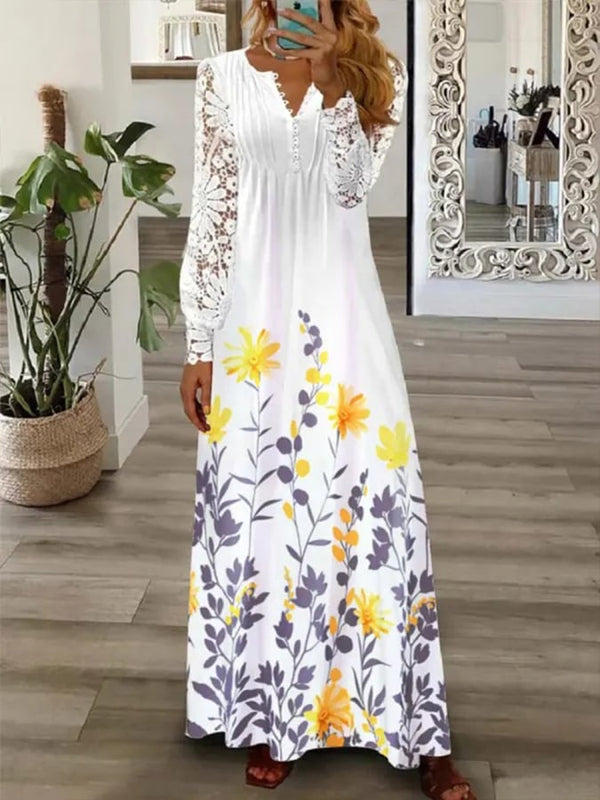 V Neck Button Long Sleeve Lace Long Dress