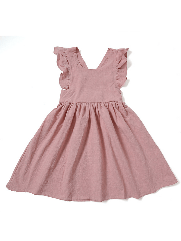 Girls Cotton Linen Crossover Buckle Dress (suitable for 2-7 years old)