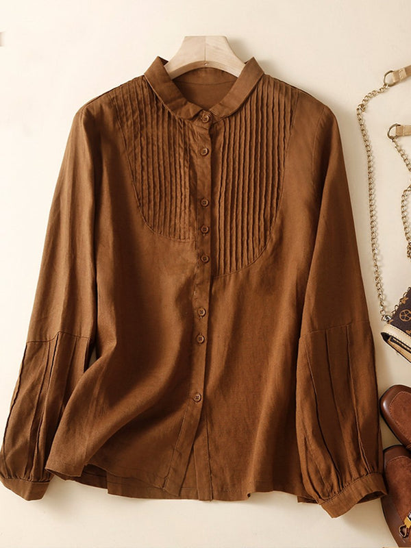 Polo Collar Long Sleeved Vintage Cotton And Linen Pleated Shirt