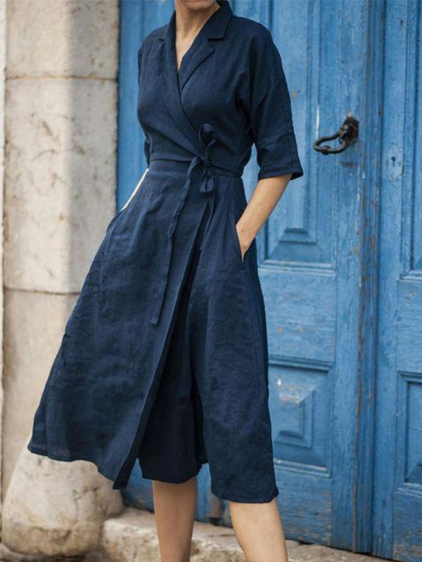 Women's Cotton Linen Belted Lapel Dress