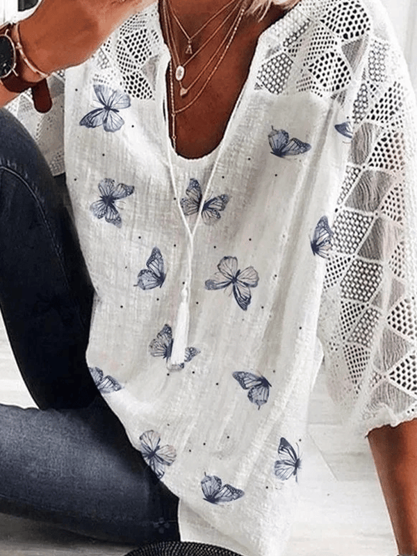 Camisa casual con cuello en V y estampado de mariposas ahuecadas para mujer 