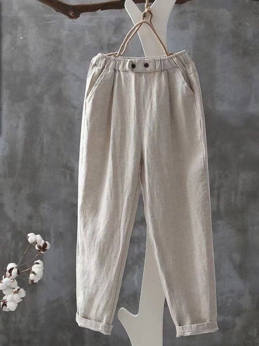 Pantalones de zanahoria recortados de lino y algodón de imitación sueltos de color sólido casual para mujer 