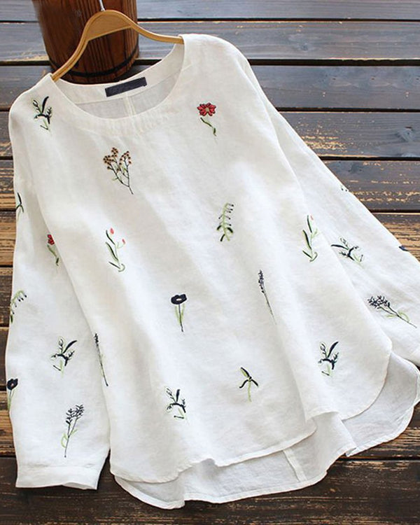 Cotton Linen Casual Loose Irregular Embroidery Round Neck Top