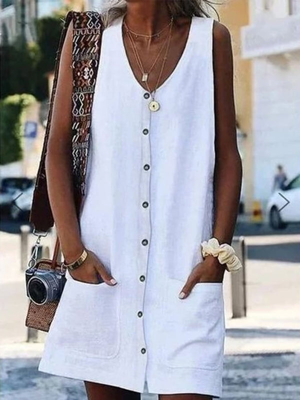 Vestido tipo cárdigan sin mangas con botones y bolsillo con cuello en V de color puro para mujer 