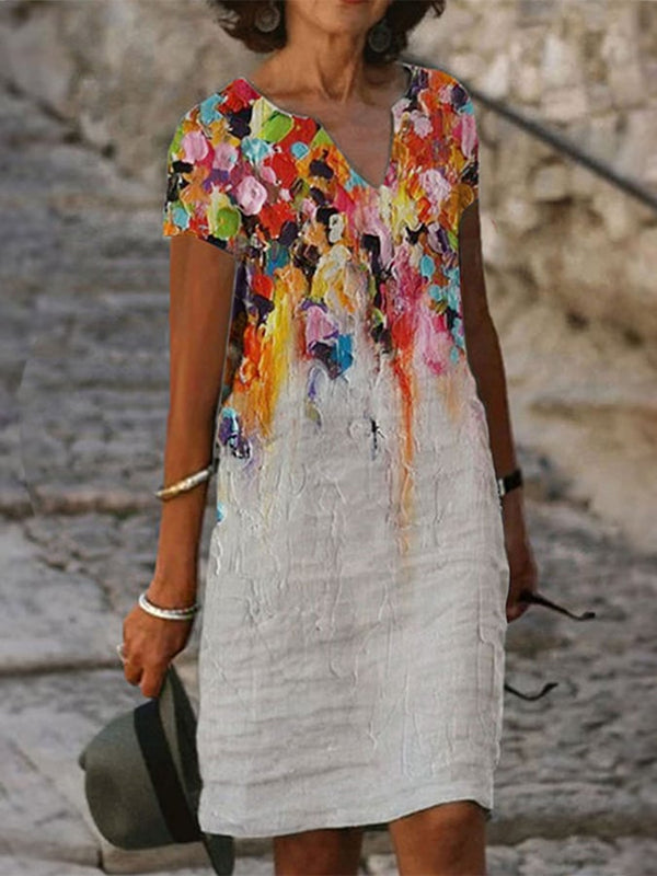 vestido con cuello en v y estampado de pintura al óleo para mujer