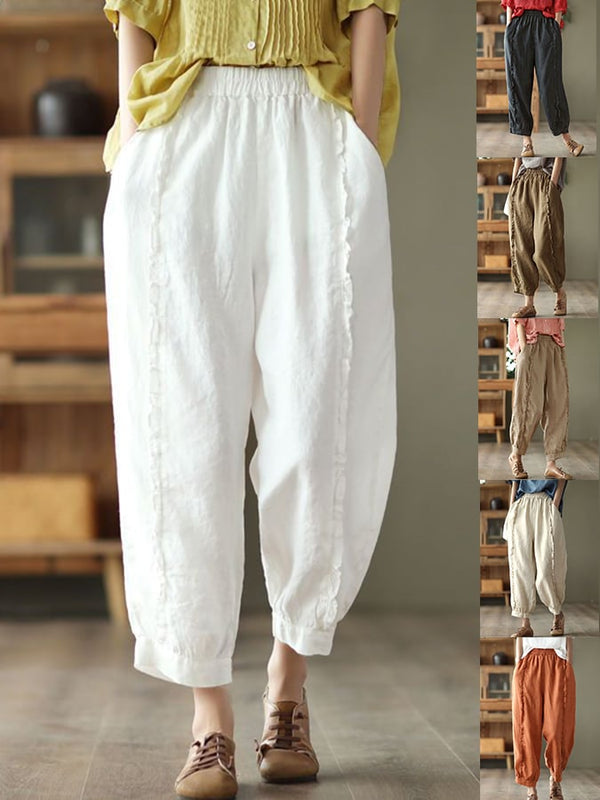 Pantalones casuales con costura de orejas de madera retro de lino y algodón 