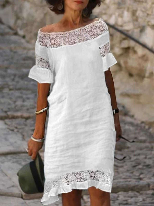 Cotton Linen Lace Three Quarter Sleeves Casual Dress