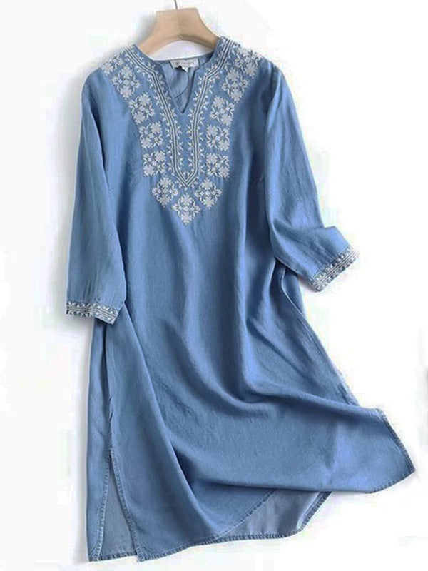 Ethnic Style V-neck Embroidery Drape Breathable Tencel Denim Dress