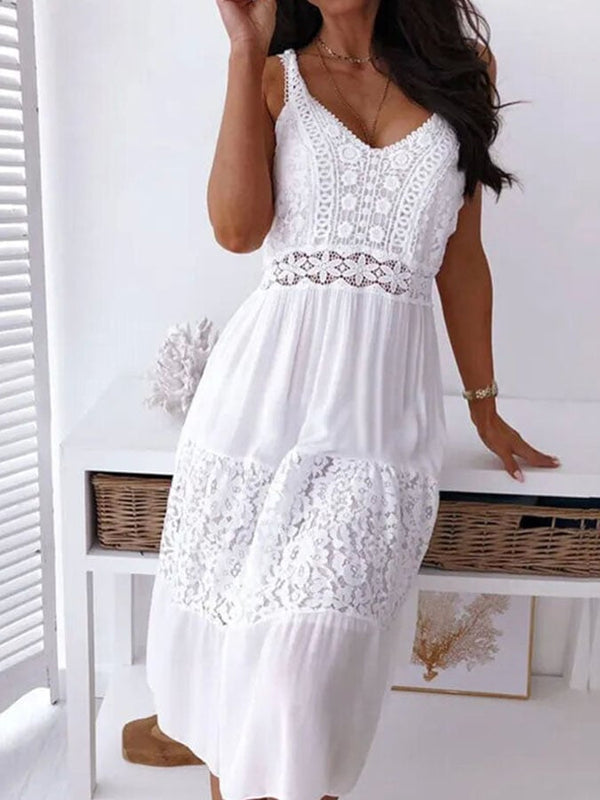 V-Neck Suspenders Hollow Lace Dress