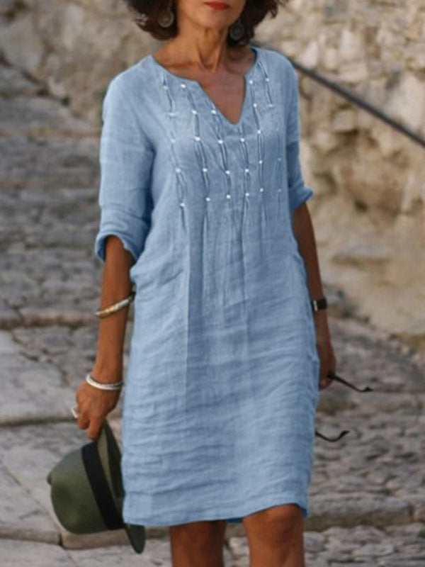 Casual V-Neck Cotton Linen Solid Color Dress