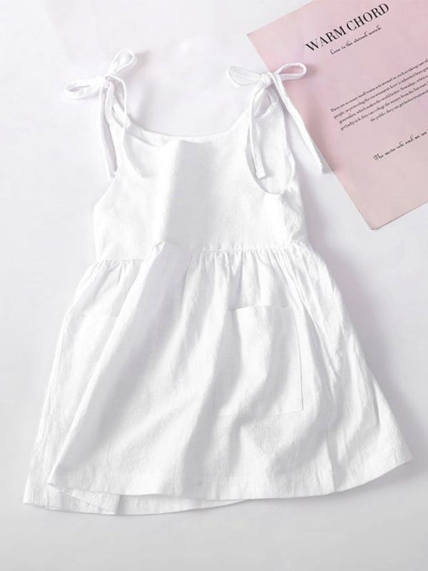 Vestido con tirantes y bolsillos de lino y algodón para niñas (adecuado para niñas de 2 a 7 años) 