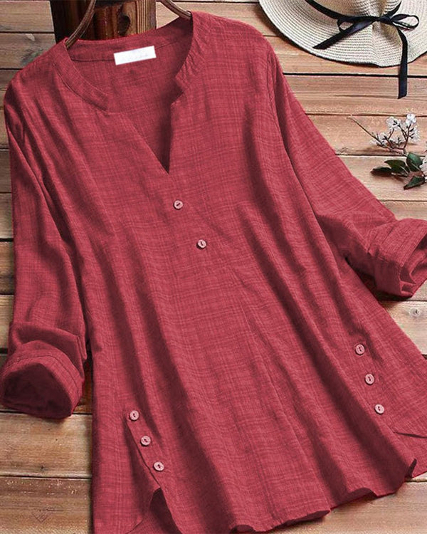 Cotton Linen Irregular Hem Button Decoration Dark Pattern V-neck Top