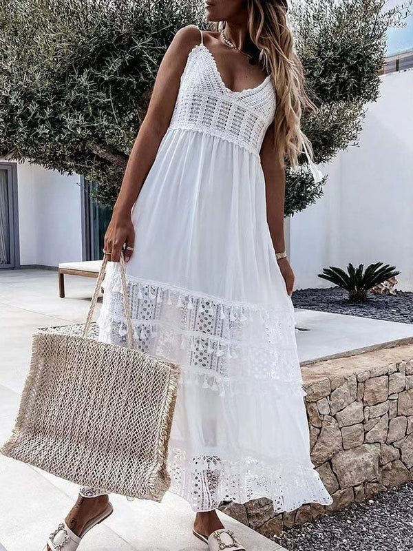 Fashion Lace Sleeveless Stitching Swing Long Dress