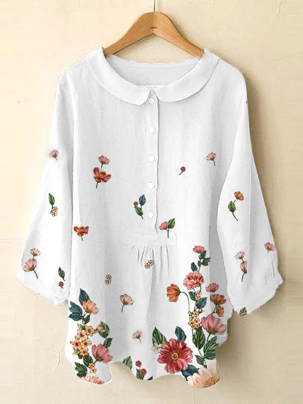 Camisa de manga siete con estampado floral de lino y algodón para mujer 