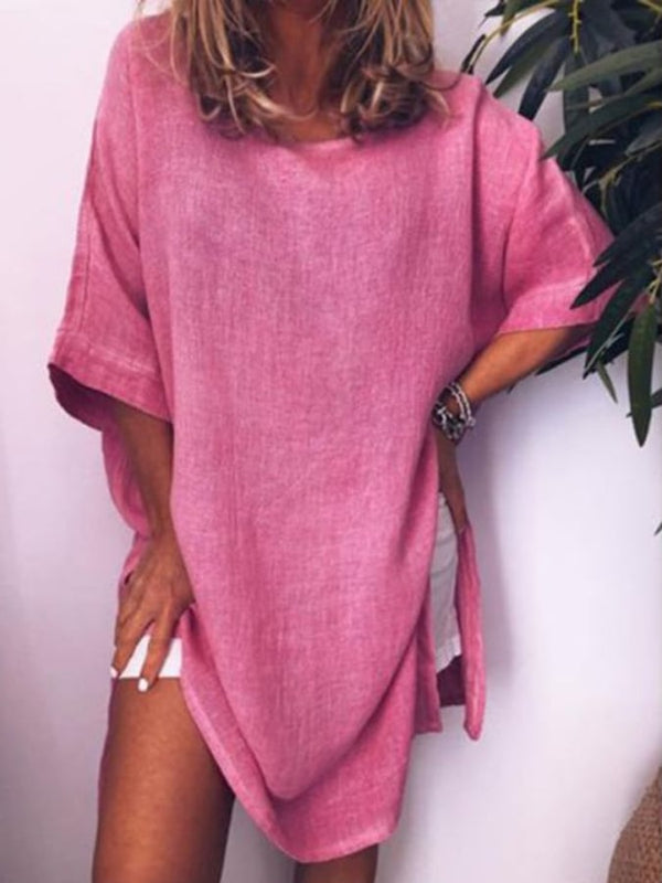 Vestido casual de algodón y lino con aberturas para mujer 