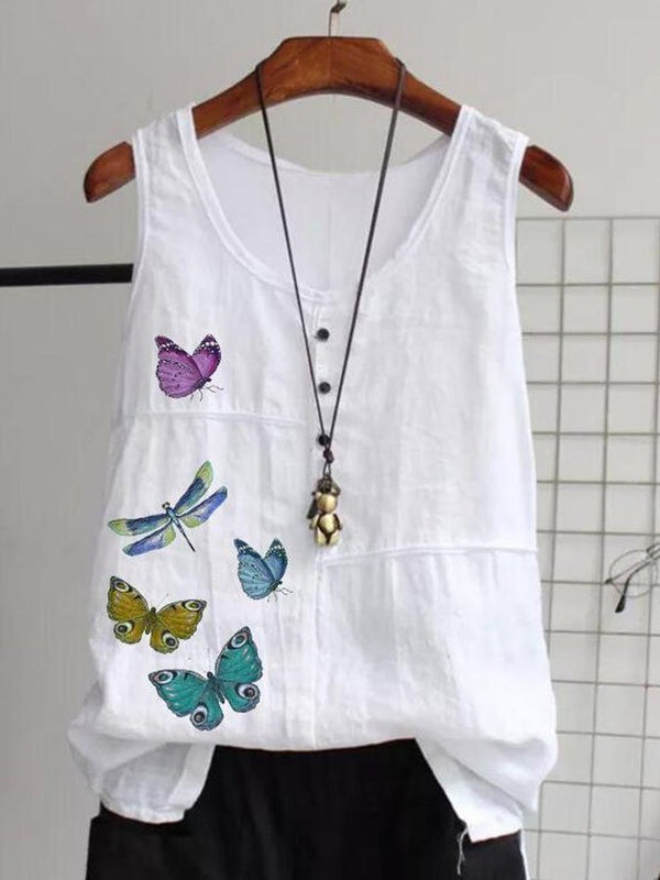 Camiseta sin mangas de algodón y lino con cuello en V y estampado de mariposas 