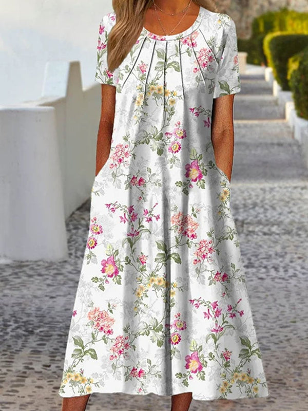 Floral Print Round Neck Pocket Casual Dress