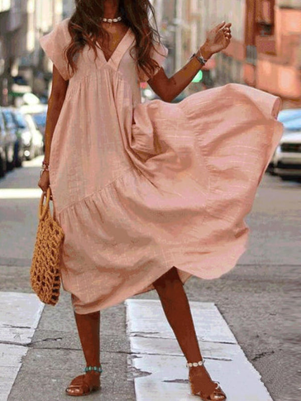 Vestido casual con cuello en V y costuras irregulares de color sólido para mujer 