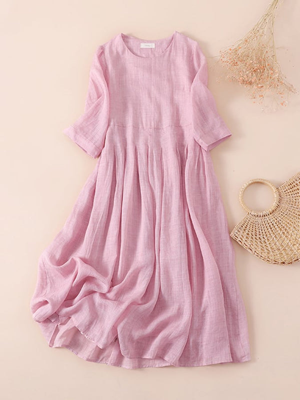 Ramie Solid Loose Pleated Dress