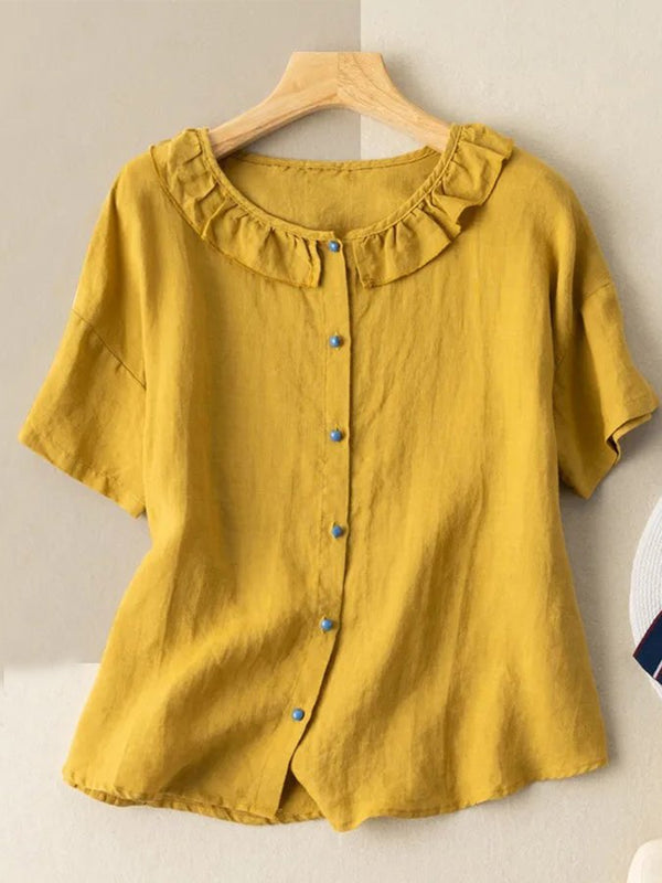 Camisa de manga corta con cuello de bebé de lino y algodón para mujer 