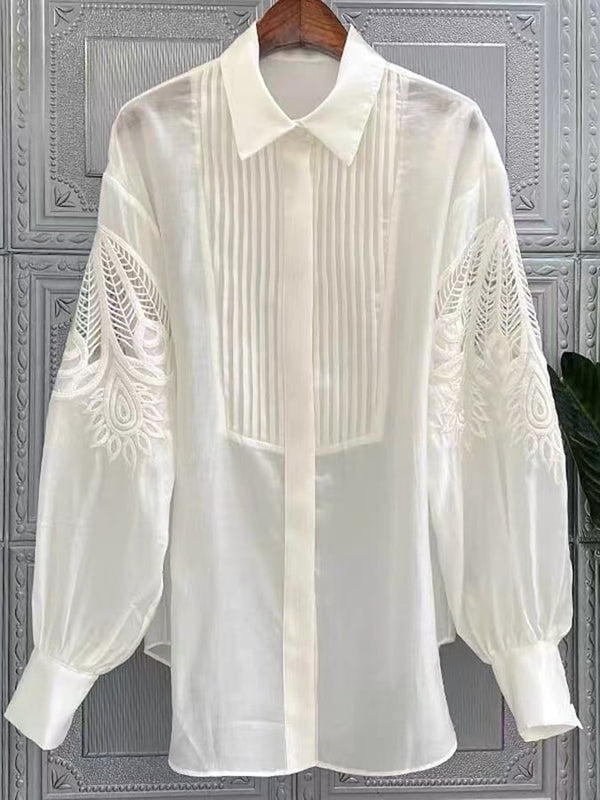 Camisa de manga larga informal de temperamento blanco con bordado exquisito 