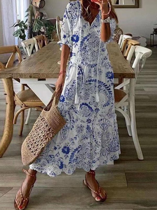 V-Neck Mid-Sleeve Printed Long Dress