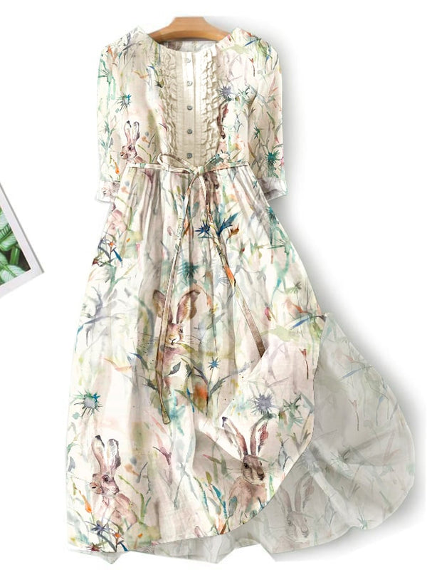 Vestido informal con estampado de conejo floral literario 