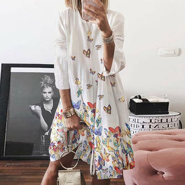 Loose Casual Cotton And Linen Butterfly Print Dress