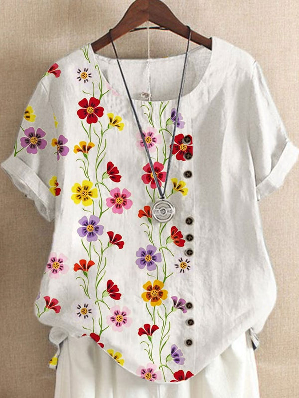 Women's Casual Flower Printed Cotton And Linen Top